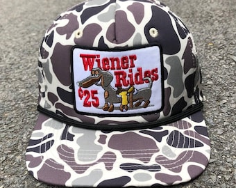Funny Wiener Rides Dachshund Trucker Hat, Retro Camo Snapback, Doxie Lover Gift, Sarcastic Sausage Dog Cap, Gag Gift for Him Her, Unisex