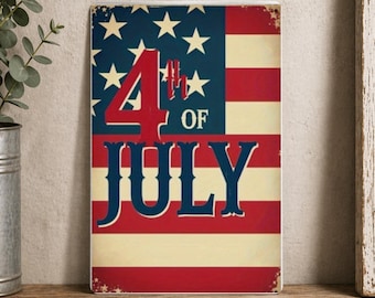 Fourth of July USA Flag Metal Tin Sign, 250th Anniversary Patriotic Wall Decor, Independence Day Vintage American Gift