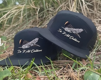 Turkey Feather Embroidered 7-Panel Hat, Bottomland Camo Old School Trucker Cap, Hunting Snapback, Gift for Turkey Hunters