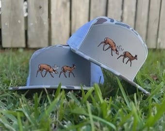 Deer Hunting Embroidered Hat Camo Flat Bill Trucker Cap, Buck Fence Jump Snapback Hat, Outdoor Hunter Gift for Men