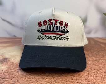 Boston Cityscape Mesh Cap, Massachusetts Pride Souvenir Hat, Retro Embroidered Boston Skyline Trucker Hat, Travel Gift for Boston Fans