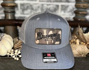 Braves Baseball Camo Leather Patch Hat, Trucker Cap, Georgia Baseball Fan Gift, Camouflage Snapback Hat