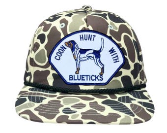 Coon Hunt with Blueticks Embroidered Camo Hat, Bluetick Coonhound Dog Patch Trucker Cap, Night Hunter Gift, Southern Style Camouflage Hat