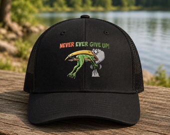 Funny Frog Hat Never Ever Give Up Cap, Motivational Meme Trucker Hat, Cute Frog Embroidered Hat, Gift for Him Her