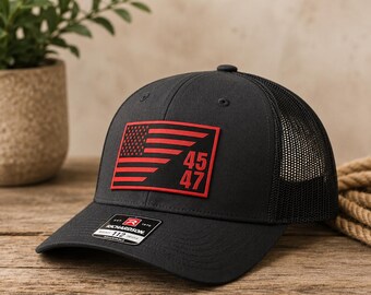 Patriotic American Flag Leather Patch Hat 45 47 Trucker Cap, USA Snapback Hat, Freedom Patriotic Gift for Men