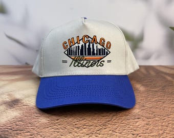 Chicago Illinois Skyline Baseball Cap, Vintage Chicago Hat, Retro Illinois Souvenir Gift, Embroidered City Skyline Dad Hat, Blue and White