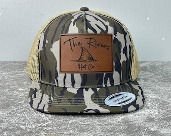 The Rivers Hat Co Redfish Tail Leather Patch Hat, Richardson 112 Bottomland Camo Cap, Coastal Fishing Snapback, Saltwater Angler Men Gift