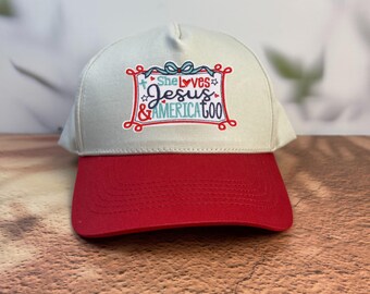 She Loves Jesus and America Too Hat, Christian Patriotic Embroidered Patch Cap, 4th of July Women's Gift, Faith Country Style Trucker Hat
