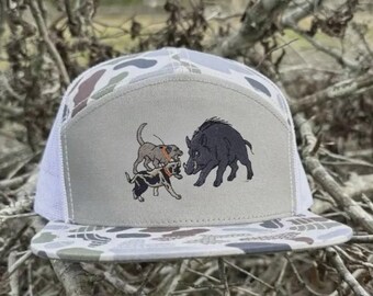 Hog Hunting Dog Trucker Hat, Wild Boar Hunting Cap, Camo Mesh Snapback Hat, Embroidered Hunting Dog Hat, Outdoor Hunter Gift