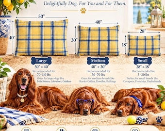 Butter Yellow Soft Fleece Personalized Dog Bed, Blue Plaid Luxury Pet Furniture, Cozy Dog Pillow