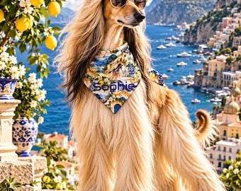 Custom Name Personalized Dog Scarf Bandana, Mediterranean Designer Pet Apparel, Pet Fashion Furry Dog Scarf