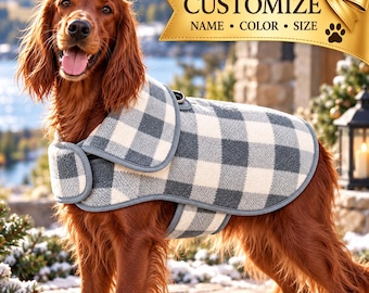 Buffalo Plaid Personalized Cozy Dog Fleece Jacket, Winter Sports Pet Apparel, Setterfrens Dog Coat