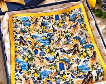 Gold Italian Countryside Square Scarf, Blue Mediterranean Dog Toile Print Scarf Wrap, European Inspired Versatile Scarf Bandana