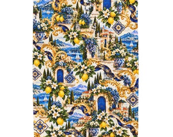 Velveteen Amalfi Coast Plush Blanket, Blue Gold Floral Throw Blanket, Lemon Print Luxury Home Decor