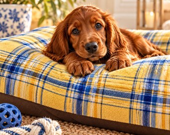Butter Yellow Soft Fleece Personalized Dog Bed, Blue Plaid Luxury Pet Furniture, Cozy Dog Pillow