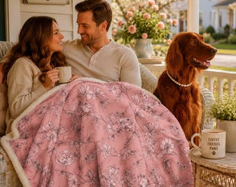 Floral Pattern Blush Pink Sherpa Fleece Throw Cozy Dog Mom Blanket Soft Cottagecore Reading Blanket Mothers Day Dog Gift Cozy Gift for Her