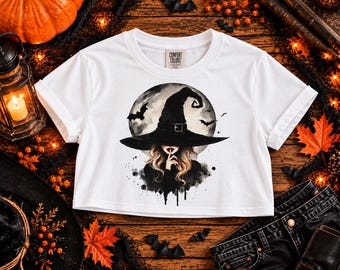 Midnight Witch Oversized Soft Crop Top, Spooky Aesthetic Halloween Lover Apparel, Celestial Witch Shirt