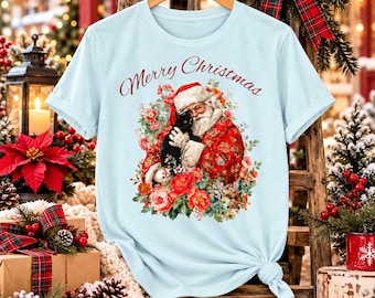 Whimsical Santa Christmas Shirt, Giftable Seasonal Apparel, Cat Lover Holiday Graphic Tee
