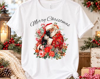 Vintage Black Cat Christmas Shirt, Floral Apparel, Festive Cat Lover Graphic Tee