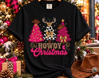Festive Comfort Colors Southern Christmas Shirt, Cowgirl Lover Holiday Gathering Apparel, Pink Leopard Christmas Tee
