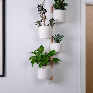 May include: A vertical wall-mounted planter with four white pots holding various green plants. The planter has a wooden support with white brackets. The plants include succulents and leafy green plants, creating a modern, minimalist aesthetic.