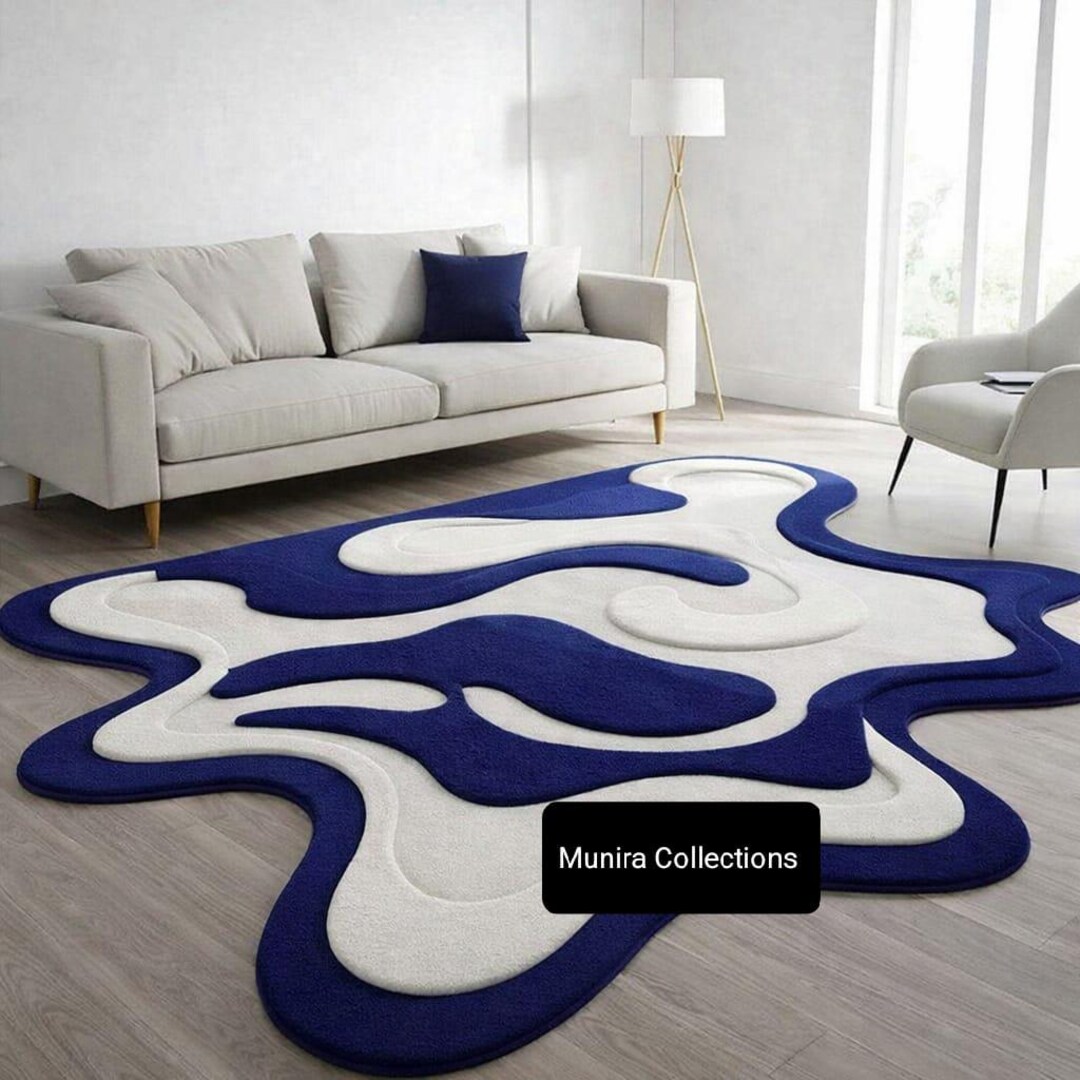 Handmade Blue & White Abstract Rug | 3D Wavy Plush Carpet - Etsy