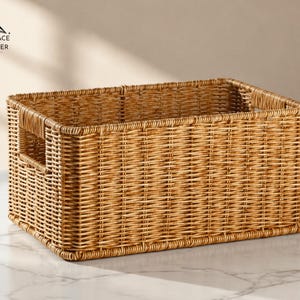 Cesta de almacenamiento tejida a mano / Mimbre rectangular multiusos con asas / Organizador impermeable para estantes de despensa / Regalo ideal para inauguración de casa