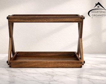 Houten keukenopberger met twee lagen | Rustieke plank op aanrecht voor kruiden, koffie