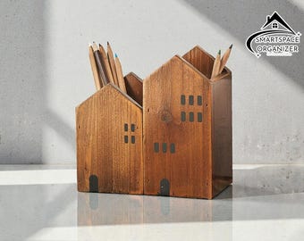 Bureauhouder voor houten huis | Opberger voor pennen en kwasten