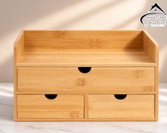 Mini bamboe bureaublad opbergdoos | Cosmetische tafelopberger met drie lades