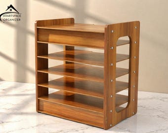Houten bureau-organizer met meerdere lagen | Brede ordner, brievenbak, opbergruimte voor studeerruimte