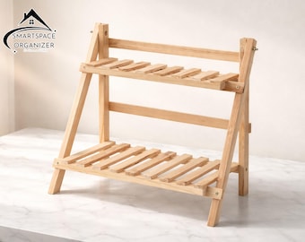 Houten opvouwbaar opbergrek met twee niveaus | Minimalistische bureauopberger voor planten