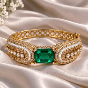 Emerald Gemstone Cuff Bracelet, Gold Tone Crystal Accents, Bridal Jewelry