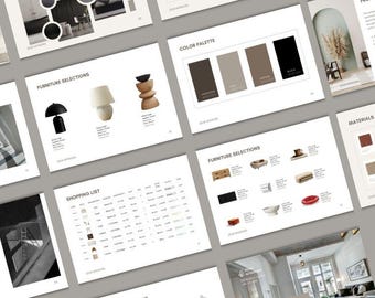Plantilla de propuesta/presentación de proyecto de diseño de interiores para clientes de diseñadores de interiores, tablero de inspiración y calendario de FFE.