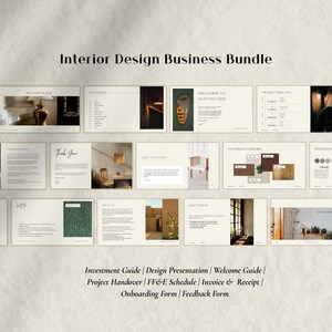 Puede incluir: Un conjunto de plantillas comerciales de diseño de interiores, que incluyen una guía de inversión, una presentación de diseño y un formulario de incorporación. El texto "Interior Design Business Bundle" está en la parte superior. Textos adicionales: "Welcome to Our Studio" y "Thank You!"