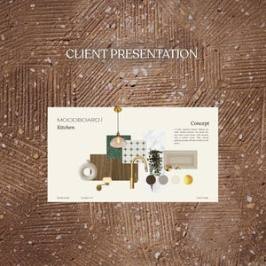Puede incluir: Un moodboard de cocina con el texto "CLIENT PRESENTATION" sobre un fondo marr&oacute;n texturizado. El moodboard incluye un grifo dorado, una l&aacute;mpara colgante y varios elementos de dise&ntilde;o, incluyendo un jarr&oacute;n blanco y muestras de color.