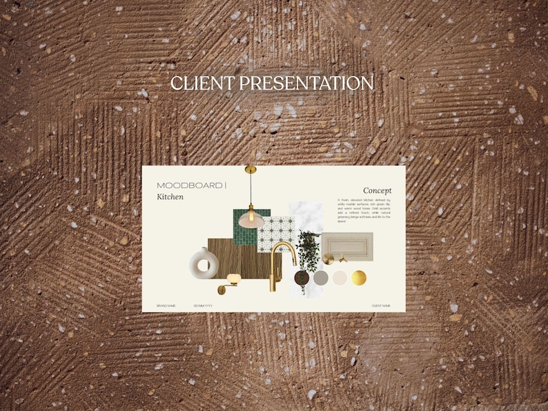 Puede incluir: Un moodboard de cocina con el texto "CLIENT PRESENTATION" sobre un fondo marr&oacute;n texturizado. El moodboard incluye un grifo dorado, una l&aacute;mpara colgante y varios elementos de dise&ntilde;o, incluyendo un jarr&oacute;n blanco y muestras de color.