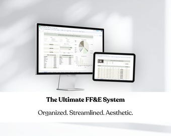 Plantilla de especificación de producto para el cronograma de mobiliario, accesorios y equipamiento (FF&E) / Hoja de cálculo de diseño de interiores para FF&E / Seguimiento de compras / Hojas de cálculo de Google