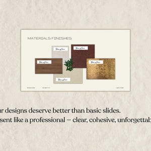 Puede incluir: Una diapositiva de presentaci&oacute;n titulada "MATERIALS FINISHES" muestra muestras de materiales en tonos marrones, beige y dorados. El texto "John Soft Tone" est&aacute; en cada muestra. La diapositiva est&aacute; sobre un fondo crema con el texto "Tus dise&ntilde;os merecen algo mejor que diapositivas b&aacute;sicas."