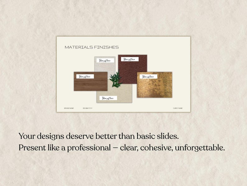 Puede incluir: Una diapositiva de presentaci&oacute;n titulada "MATERIALS FINISHES" muestra muestras de materiales en tonos marrones, beige y dorados. El texto "John Soft Tone" est&aacute; en cada muestra. La diapositiva est&aacute; sobre un fondo crema con el texto "Tus dise&ntilde;os merecen algo mejor que diapositivas b&aacute;sicas."