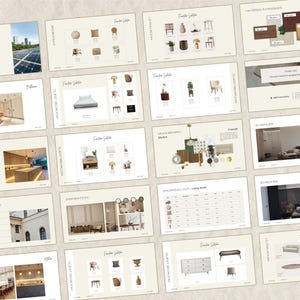 Puede incluir: Una presentaci&oacute;n de dise&ntilde;o de interiores con diapositivas que muestran dise&ntilde;os de habitaciones, muebles y detalles arquitect&oacute;nicos. La paleta de colores es neutra, con tonos beige y marr&oacute;n. Las diapositivas incluyen texto e im&aacute;genes relacionadas con la decoraci&oacute;n del hogar.