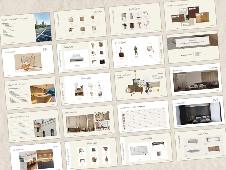 Puede incluir: Una presentaci&oacute;n de dise&ntilde;o de interiores con diapositivas que muestran dise&ntilde;os de habitaciones, muebles y detalles arquitect&oacute;nicos. La paleta de colores es neutra, con tonos beige y marr&oacute;n. Las diapositivas incluyen texto e im&aacute;genes relacionadas con la decoraci&oacute;n del hogar.