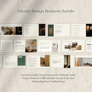 May include: A digital bundle for interior design businesses, featuring documents with titles such as "Investment Guide" and "Project Handover." The image displays various pages with text including "Welcome to Our Studio" and "FF&E Schedule."