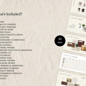 Puede incluir: Presentaci&oacute;n con fondo crema, que enumera elementos incluidos como planos de planta, moodboards y listas de compras. Incluye conceptos de dise&ntilde;o y acabados de materiales, con un total de 40 diapositivas.