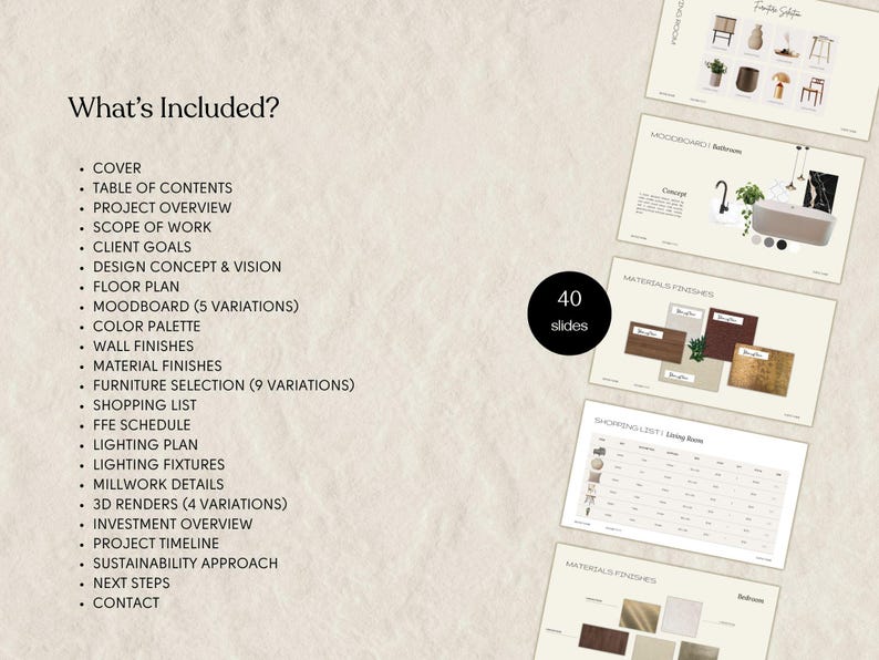 Puede incluir: Presentaci&oacute;n con fondo crema, que enumera elementos incluidos como planos de planta, moodboards y listas de compras. Incluye conceptos de dise&ntilde;o y acabados de materiales, con un total de 40 diapositivas.