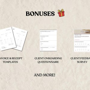 Puede incluir: Imagen con la palabra &laquo;BONUSES&raquo; y un icono de regalo. Debajo, tres plantillas digitales: plantillas de facturas y recibos, un cuestionario de incorporaci&oacute;n de clientes y una encuesta de comentarios de clientes. Tambi&eacute;n se incluye el texto &laquo;&iexcl;Y M&Aacute;S!&raquo;.