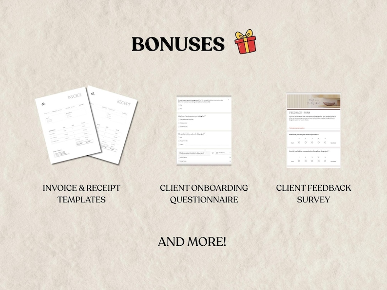 Puede incluir: Imagen con la palabra &laquo;BONUSES&raquo; y un icono de regalo. Debajo, tres plantillas digitales: plantillas de facturas y recibos, un cuestionario de incorporaci&oacute;n de clientes y una encuesta de comentarios de clientes. Tambi&eacute;n se incluye el texto &laquo;&iexcl;Y M&Aacute;S!&raquo;.