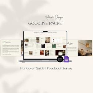 May include: A laptop displaying an interior design presentation, with the text "GOODBYE PACKET" at the top. The presentation includes images of interior spaces and text. Additional pages are visible to the left and right of the laptop. The words "Handover Guide | Feedback Survey" are at the bottom.