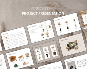 Plantilla de presentación para clientes de diseño de interiores / Propuesta de proyecto de diseño de interiores / Moodboard, programa de mobiliario y equipamiento