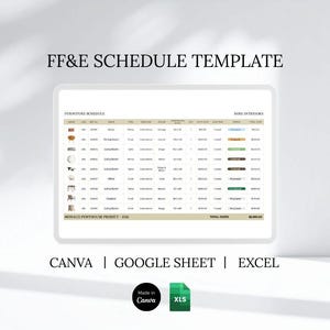Modèle de programme FF&E de design d'intérieur | Suivi de l'équipement des accessoires de meubles | Feuilles de calcul Google, modèle Excel Canvas